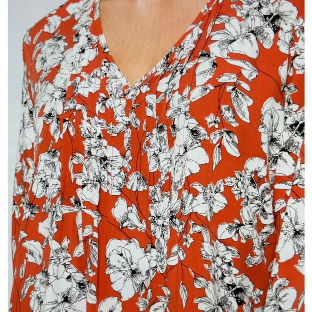 Maley Womens SMALL Top Pleated Detail V Neck Floral Shirt 3/4‎ Sleeve Rust White - Picture 5 of 12